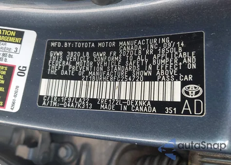 2015 Toyota Corolla Le Premium from USA, damaged, VIN 2T1BURHE8FC254720